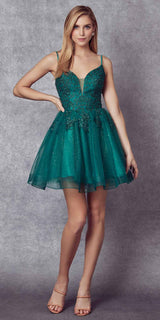 Juliet 859 Short Floral Applique Glitter Tulle A-Line Dress