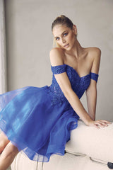 Juliet 880 Glitter Tulle A-Line Cold-Shoulder Homecoming Dress.