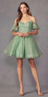 Juliet 886 Short Removable Off Shoulder Puff Sleeves A-Line Tulle Dress