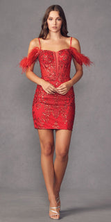 Juliet 897 Short Sexy Sheer Sides Cold Shoulder Feather Cocktail Dress