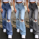 Women's Spring and Fall New Fashion Casual Ripped High-waisted Slightly Flared Pants Jeans Slim-fit Wash Jeans Long Pants Y2k - treasures-4-u-2-day