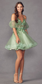 Juliet 901 Short Removable Puff Sleeves A-Line Glitter Tulle Dress