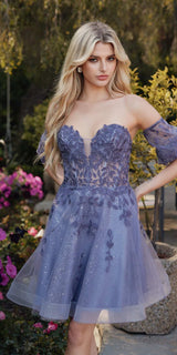 Juliet 909 Short A-Line Glitter Print Dress Removable Short Puff Sleeves