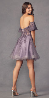Juliet 909 Short A-Line Glitter Print Dress Removable Short Puff Sleeves