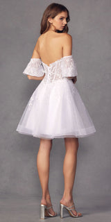 Juliet 909 Short A-Line Glitter Print Dress Removable Short Puff Sleeves