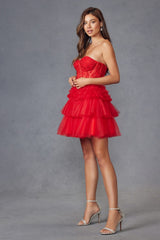Juliet JT918A Dress Strapless Cocktail Leaf Lace Corset Bodice Ruffle Skirt