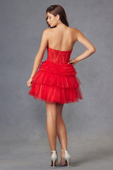 Juliet JT918A Dress Strapless Cocktail Leaf Lace Corset Bodice Ruffle Skirt