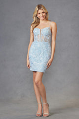 Juliet JT941R Dress Fitted Cocktail Gown with Leaf Lace Corset Bodice