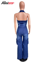 Mlaiscsr Women Clothing Blue Denim One Piece Jumpsuit Halter Backless Sleeveless Straight Jean Overalls Cargo Pants Rompers New