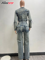 Mlaiscsr Vintage Stretch Denim 2 Piece Pants Sets Women Zip Slim Jackets and Pocket Cargo Jeans Outfit Streetwear Winter Suits - treasures-4-u-2-day