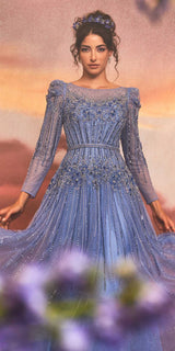 Andrea & Leo A1167 Floor Length Azurite Beaded Long Sleeve A-Line Gown