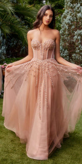 Andrea & Leo A1338 Long Strapless Beaded Gown with Bow Arm Bands