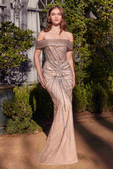 Andrea & Leo A1353 Dress Off The Shoulder Beaded Gold-Silver Gown