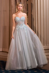 Andrea & Leo A1478 Strapless Sweetheart Boned Bodice Floral Applique Ball Gown