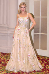 Andrea & Leo A1480 Long A-Line Floral Embroidered Straps Tulle Gown
