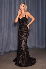 Andrea & Leo A1499 Ethereal Floral Lace Thigh High Slit Fitted Lace Gown