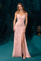Andrea & Leo A1499 Ethereal Floral Lace Thigh High Slit Fitted Lace Gown