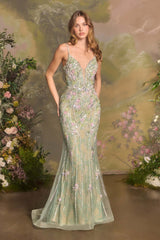 Andrea & Leo A1500 Plunging Neckline Floral Applique Fitted Formal Gown
