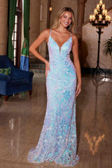 Nox Anabel A1587 Deep V-Neck Floral Sequined Tulle Dress