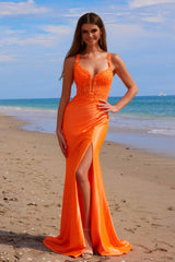 Nox Anabel A1590 Figure-Flattering Satin Prom Dress Front Slit