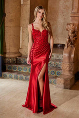 Nox Anabel A1590 Figure-Flattering Satin Prom Dress Front Slit