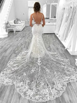 Boho Mermaid Wedding Open Back V-Neck Lace Spaghetti Strap Bridal Gown Vestidos De Novia
