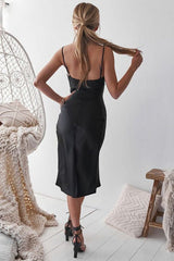 Aspen Cocktail Party Adjustable Midi Dress (Black Satin) - treasures-4-u-2-day