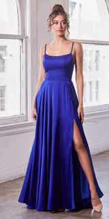 Ladivine B8402 Long Square Neck Pockets Satin A-Line Gown