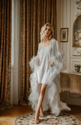 Luxury Ostrich Feather Satin Bridal Robe – White/Ivory Train, Holiday Photoshoot Gift