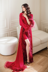 Luxury Ostrich Feather Satin Bridal Robe – White/Ivory Train, Holiday Photoshoot Gift