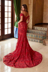 Nox Anabel C1600 Off the Shoulder Fully Beaded Long Train Dress