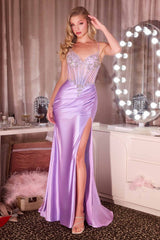 Ladivine C171 Long Sheer Corset Bodice Plunging Neckline Fitted Gown
