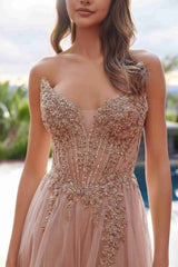 Nox Anabel C1843 Mesh A-Line Peaked Neckline Sequin Prom Ball Gown
