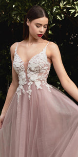 Cinderella Divine CB075 Long Floral A-Line Tulle Gown