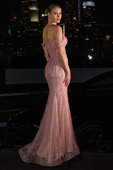 Ladivine CC341 Beaded Off The Shoulder Fit & Flare Gown