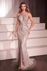 Ladivine CC427 Dress Fitted Halter Beaded Prom Gown