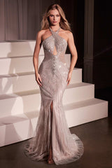 Ladivine CC427 Dress Fitted Halter Beaded Prom Gown