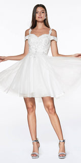 Cinderella Divine CD0132 Short A-Line Dress Off The Shoulder Glitter Tulle Skirt