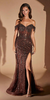 Ladivine CD0203 Long Off the Shoulder Sequin Gown with Slit