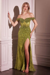Ladivine CD0203 Long Fitted Off the Shoulder Sequin Gown with Slit