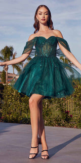 Ladivine CD0211 Off The Shoulder Embellished A-Line Short Corset Bodice Dress