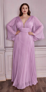 Cinderella Divine CD242C Pleated Chiffon Long Sleeve Gown