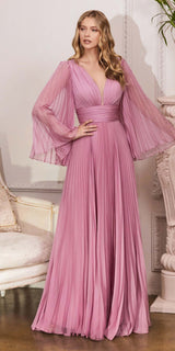 Cinderella Divine CD242C Pleated Chiffon Long Sleeve Gown