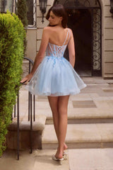Ladivine CD2431 One-Shoulder Floral Appliqué Corset Homecoming Dress