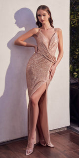Ladivine CD279 Long Draped Fitted Sequin Formal Gown with Slit