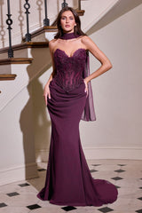 Ladivine CD683 Sculpted Strapless Neckline Soft Mesh Embellished Fitted Gown