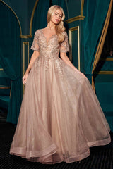 Ladivine CD726 Half Sleeve Mocha V-Neck A-Line Layered Glitter Gown
