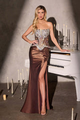 Ladivine CD733 Fitted Embellished Corset Bodice Stretch Satin Gown