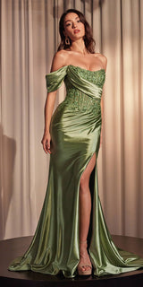 Ladivine CD804 Off Shoulder Lace & Satin Fit & Flare Prom Gown