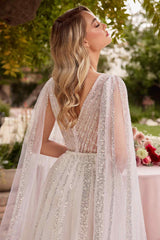 Ladivine CD852W Timeless A-Line Layered Tulle Long Sleeve Drape Wedding Gown